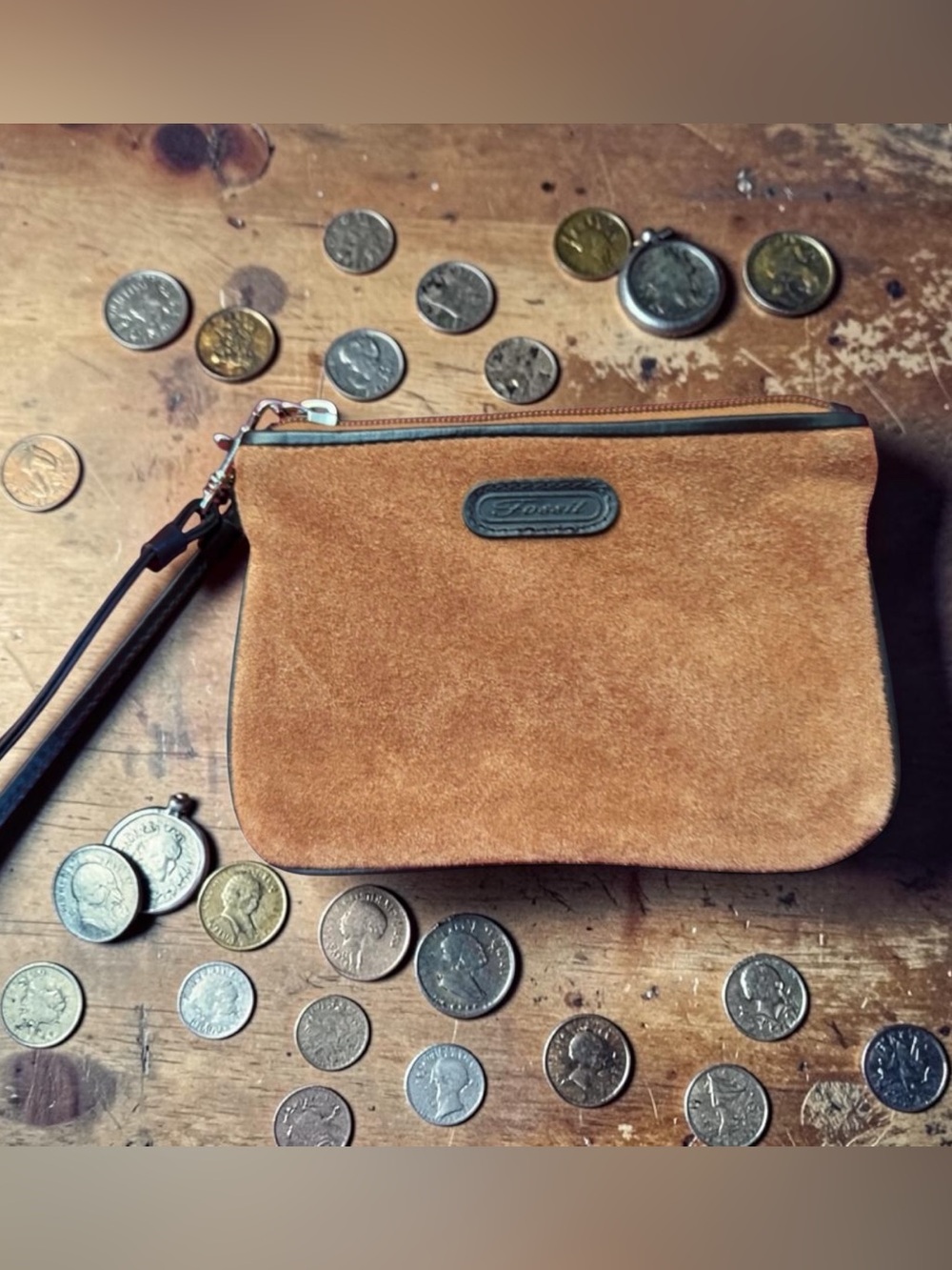 NWOT Fossil Chestnut Brown Suede Wristlet Bag with Strap